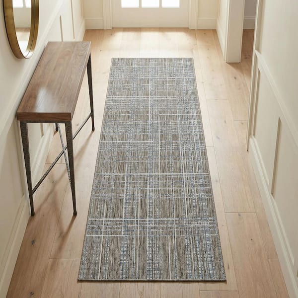 Charm Ohe Sand-Ivory 2 ft. x 7 ft. Transitional Flatwoven Plaid Polypropylene Runner Indoor/Outdoor Area Rug