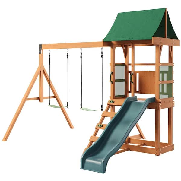 Outdoor Wooden Swing Set with Vinyl Roof, Wave Slide, Rock Ladder, Safety Belt Playset Accessories Muliti-Person Swing