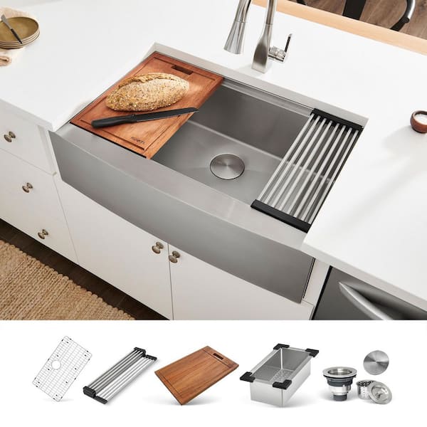 Verona 30 in. Apron-Front Farmhouse Single Bowl 16-Gauge Stainless Steel Workstation Kitchen Sink