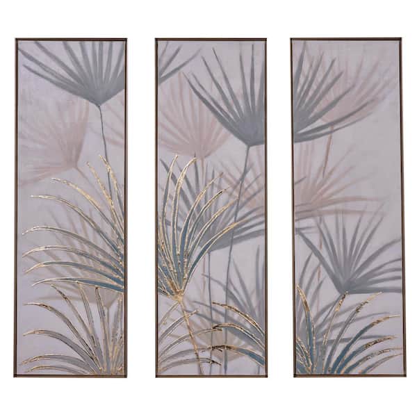 Litton Lane 3- Panel Leaf Palm Framed Wall Art with Gold Frame 47 in. x ...