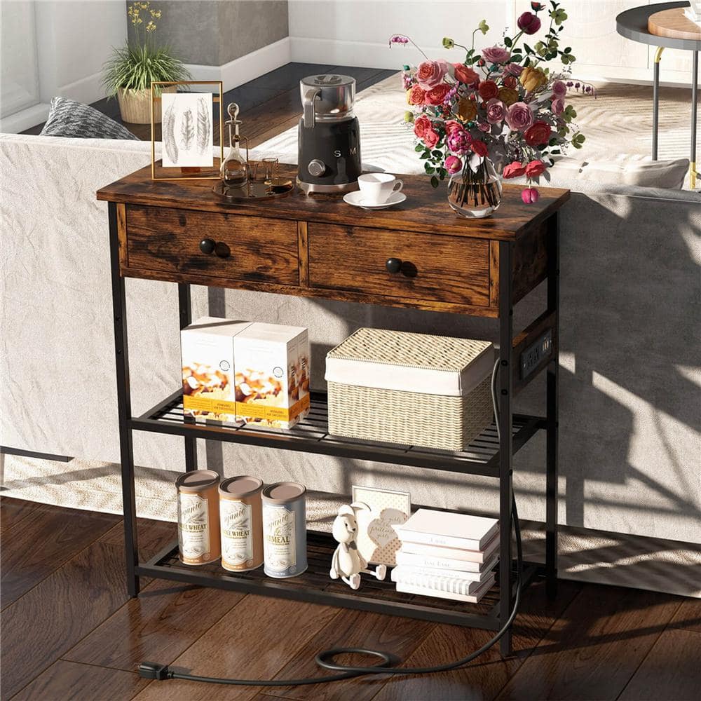 32 in. Rustic Brown Rectangle Wood Top Entryway Table End Table with 2-Drawers Charging Station Narrow Console Table - thumbnail 6