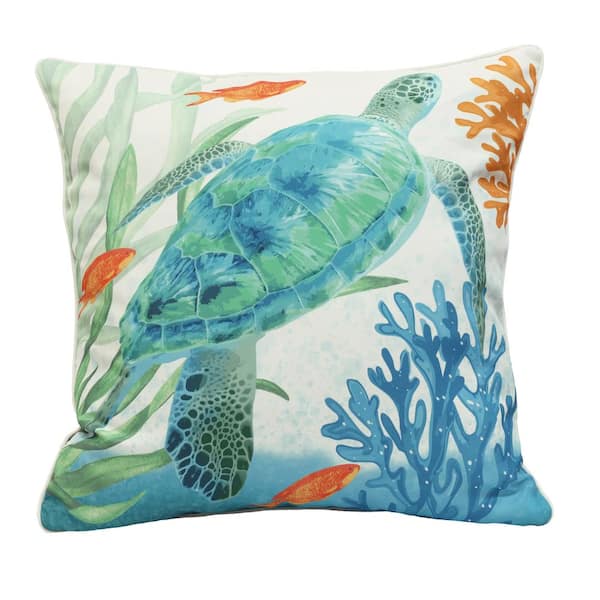 Unbranded Marine Life 24 in. x 24 in. Large Square Outdoor Reversible Throw Pillow White with Sea Turtle Coral Print