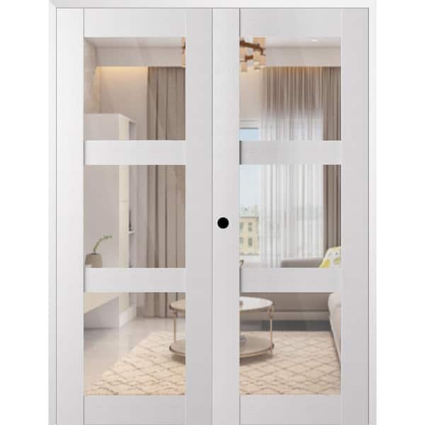 Paola 3 Lite 72 in. x 96 in. Right Active 3-Lite Clear Glass Bianco Noble Wood Composite Double Prehung French Door