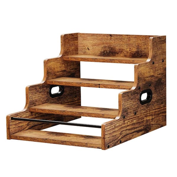 4 Step Brown Wood Liquor Bottle Display Shelf Countertop Organizer Rack for Coffee Syrup Whiskey Bar Storage