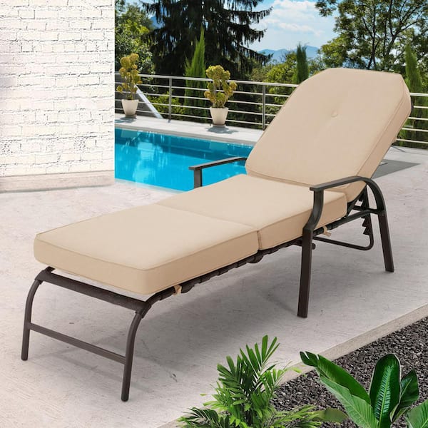 Brown Metal Outdoor Chaise Lounge with 5-Position Adjustable Backrest and Beige Cushions for Patio
