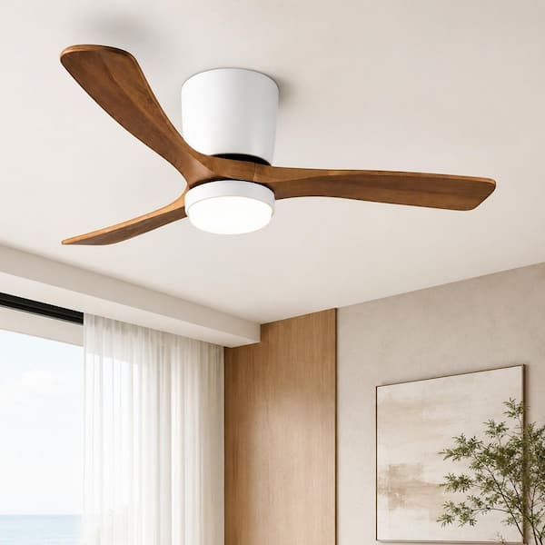 52 in. Integrated LED Indoor Flush Mount White/Oak Standard Ceiling Fan with Light and Remote DC Motor