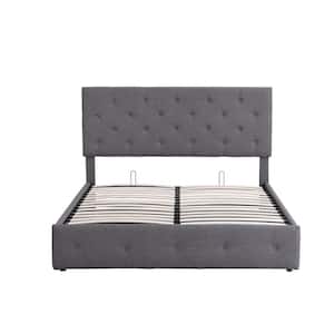 64.7 in. W Gray Queen Linen Wood Frame Platform Bed with a Hydraulic Storage System