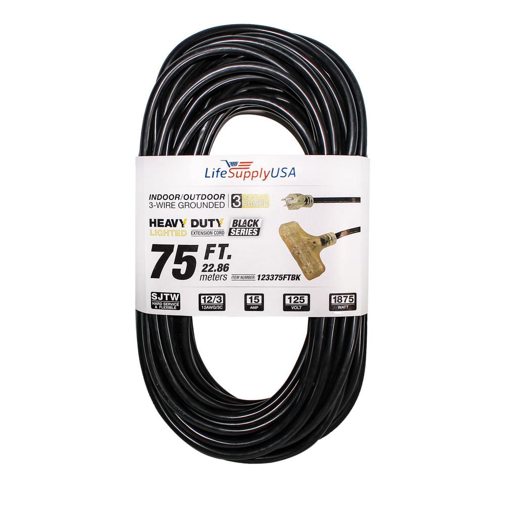 LifeSupplyUSA 75 ft. 12/3 SJTW 3-Outlet 15 Amp 125-Volt 1875-Watt Indoor/ Outdoor Black Heavy-Duty Tri-Source Extension Cord (10-Pack) 10123375FTBK  The Home Depot