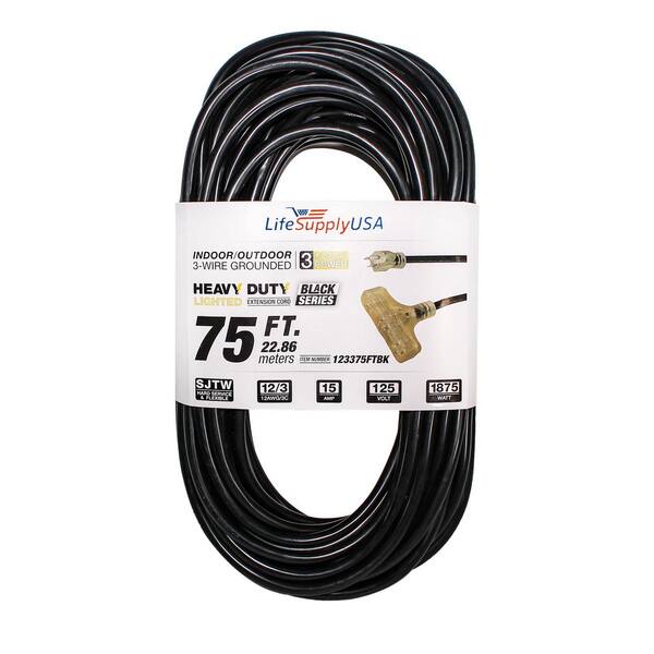 LifeSupplyUSA 75 ft. 12/3 SJTW 3-Outlet 15 Amp 125-Volt 1875-Watt Indoor/Outdoor Black Heavy-Duty Tri-Source Extension Cord (10-Pack)