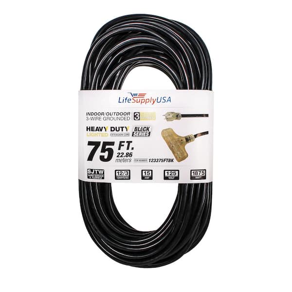 LifeSupplyUSA 75 ft. 12/3 SJTW 3-Outlet 15 Amp 125-Volt 1875-Watt Indoor/Outdoor Black Heavy-Duty Tri-Source Extension Cord (5-Pack)