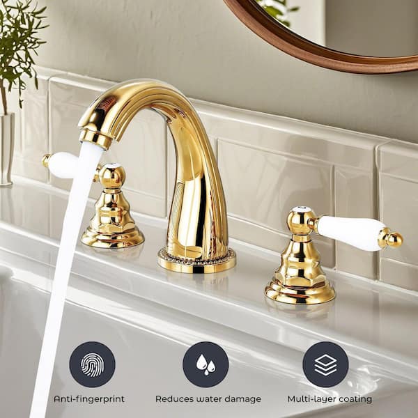 Double Handles 8 in. Widespread Bathroom Faucet 3-Hole Sink Faucet in Polished Gold