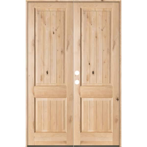 64 in. x 96 in. Rustic Knotty Alder Square Top Unfinished /V-Groove Right-Hand Inswing Wood Double Prehung Front Door