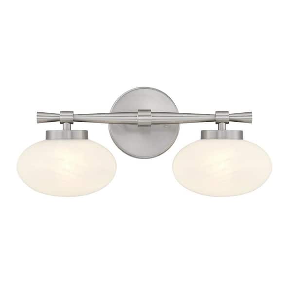 Barrow 17 in. W x 8 in. H 2-Light Satin Nickel Bathroom Vanity Light with Strie Glass Shades