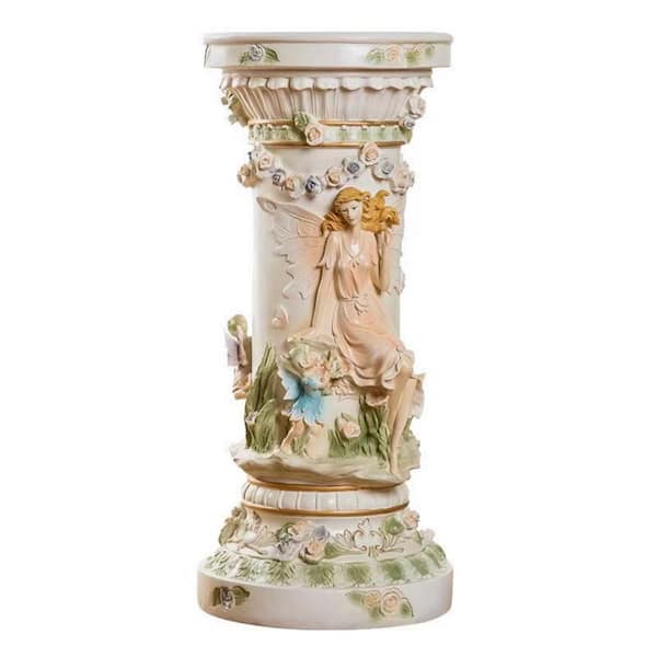 Luxury Vintage Roman Column Pedestal Garden Statue, Resin Pillar with Fairy Relief for Living Room Decor