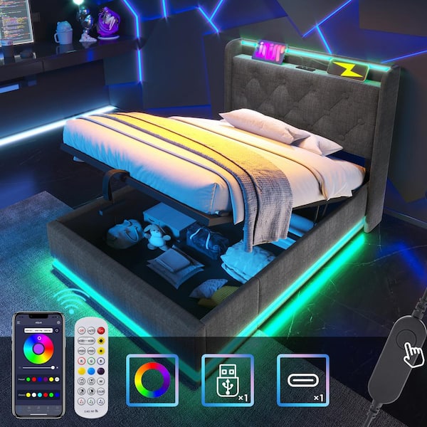 Harper & Bright Designs Gray Wood and Metal Frame Upholstered Linen Twin Platform Bed with Hydraulic Storage, USB Charging and 360° LED Light