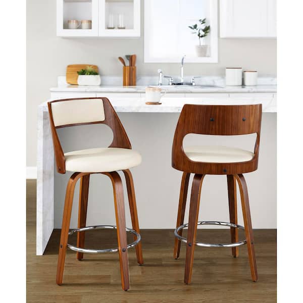 Cecina 25.5 in. Cream Faux Leather, Walnut Wood, and Chrome Metal Fixed-Height Counter Stool (Set of 2)