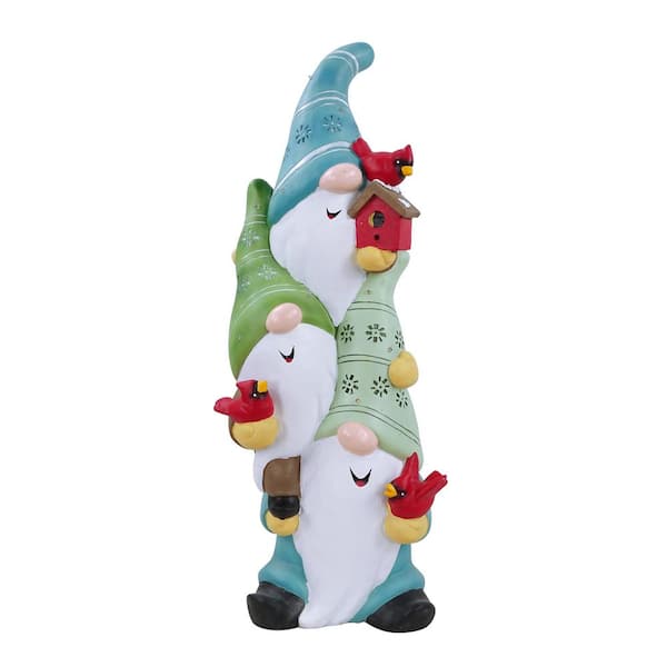 Alpine Corporation Winter Home Stacked Gnome Statuary with Warm White LED Lights, Battery Operated, Indoor/Outdoor Holiday Decoration