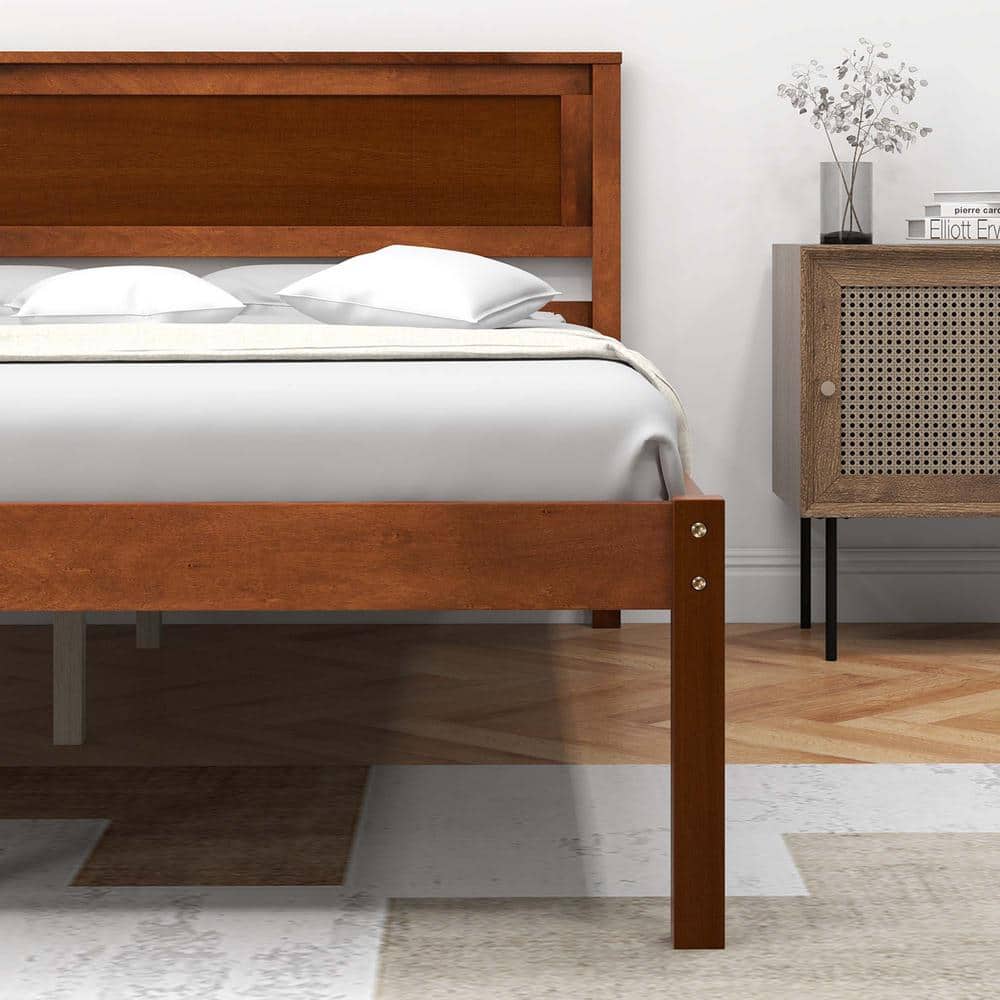 Brown Walnut Wood Frame Queen Size Platform Bed Frame with Headboard Mattress Foundation - thumbnail 3