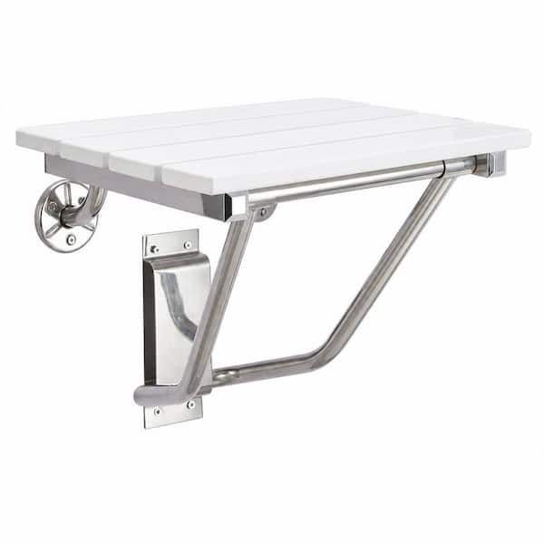 Wall Mounted Folding Plastic Wood Shower Seat and Bench, Collapsible Shower Stool in White, Foldable Shower Chair