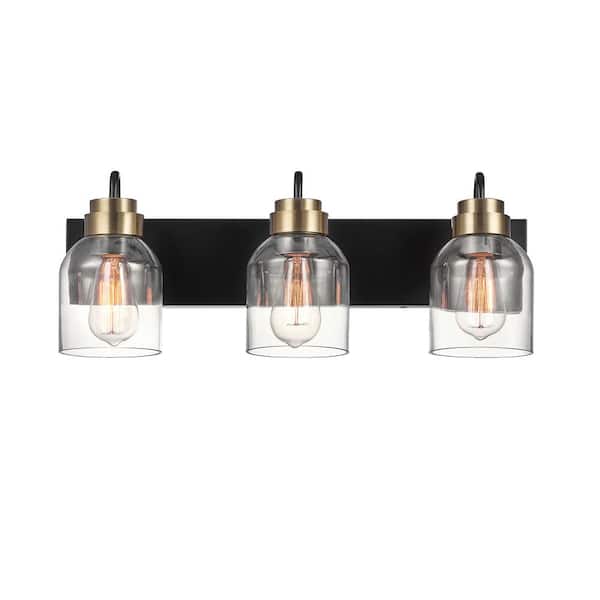 Abbot 22 in. 3-Light Matte Black Vanity Light with Brass Accents and Glass Shades for Bathroom