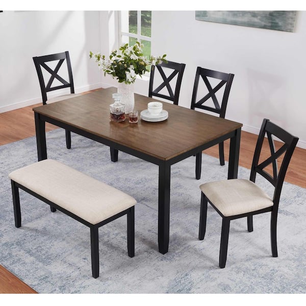 6-Piece Rectangle Beige/Black/Oak Wood Top Dining Room Set Seats 6