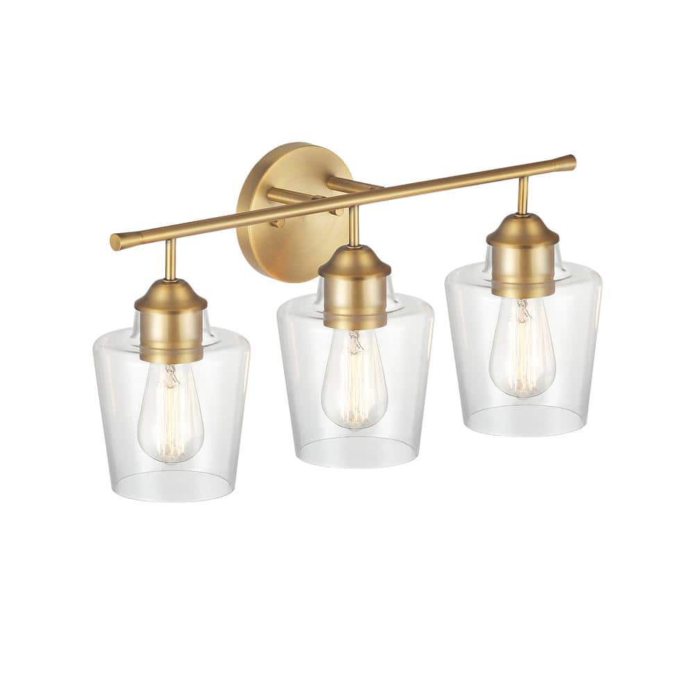 Antique Brass 3-Light Dimmable Bathroom Vanity Light with Clear Glass Shades