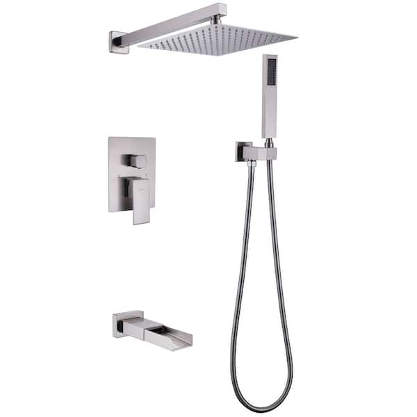 BWE Waterfall Spout Single Handle 3-Spray Tub and Shower Faucet 2.5 GPM in. Brushed Nickel (Valve Included)