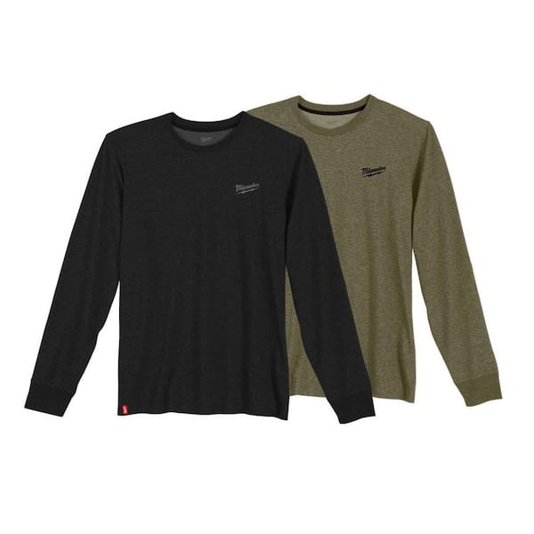Milwaukee Men's Large Black Long Sleeve Hybrid Work T Shirt with Large Green Long Sleeve Hybrid T Shirt (2-Pack)