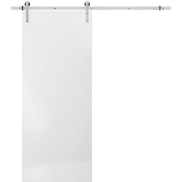 0010 18 in. x 84 in. Flush White Finished Wood Sliding Barn Door with Hardware Kit Stainless