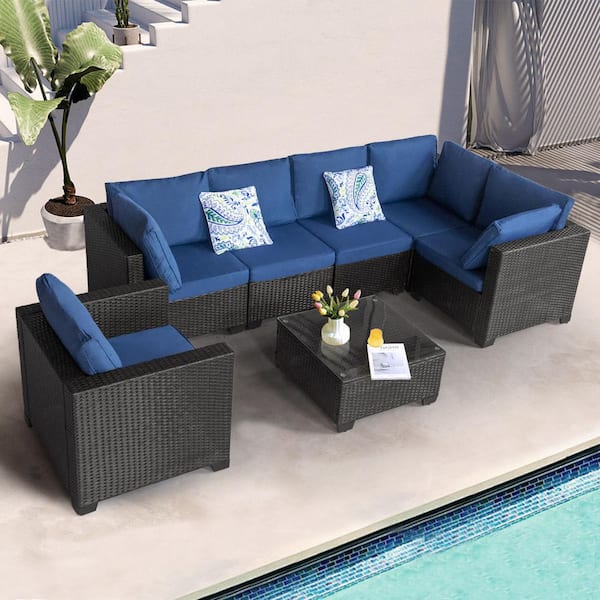 Balcony Furniture 7 Pieces Wicker Outdoor Sectional Set with Blue Cushions Table