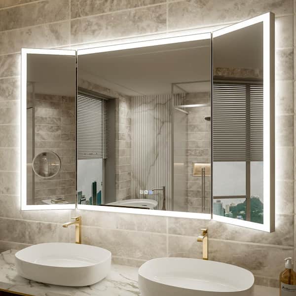 54 in. W x 36 in. H Rectangular Framed Tri-Fold Backlit Front LED Wall Bathroom Vanity Mirror, Defog, Magnifier,Dimmable