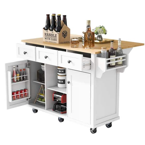 White Foldable Rubber Wood Drop-Leaf Countertop 53.1 in. W Kitchen Island  on Wheels with Storage Cabinet EC-WF298028AAW - The Home Depot