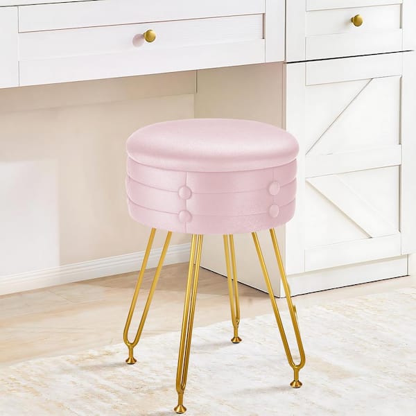 Vanity Stool with Storage, Pink (Styke 2) Velvet Makeup Chair, Metal Legs, Anti-Slip Feet for Bedroom, Living Room