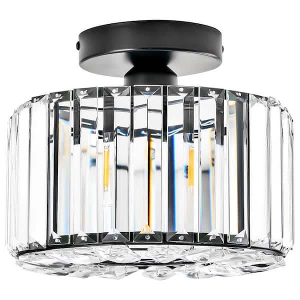 9.3 in. 1-Light Black Crystal Semi Flush Mount Ceiling Light With Clear Glass Shade