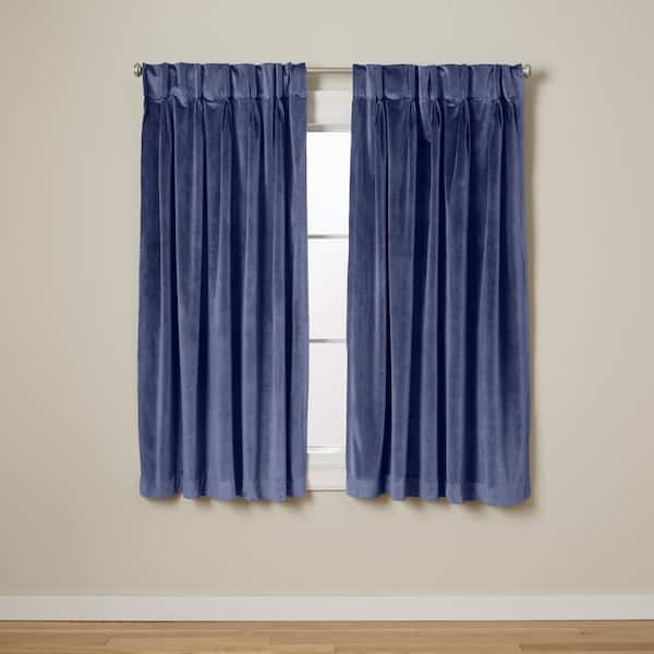 EXCLUSIVE HOME Velvet Navy Solid Polyester 27 in. W x 63 in. L Triple Pinch Pleat Top Light Filtering Curtain (Double Panel)