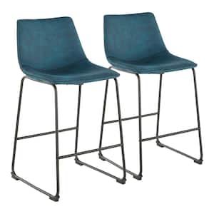 Duke 25 in. Industrial Counter Stool with Blue Cowboy Fabric and Black Stitching (Set of 2)