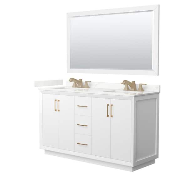 Wyndham Collection Strada 60 in. W x 22 in. D x 35 in. H Double Bath Vanity in White with Giotto Quartz Top and 58 in. Mirror