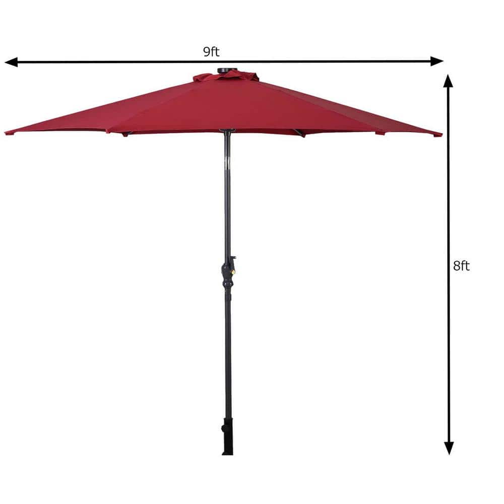 Burgundy 9ft Steel Solar LED Patio Umbrella with Crank