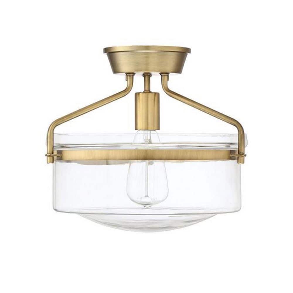 Meridian 13" Natural Brass and Clear Glass Semi-Flush Ceiling Light