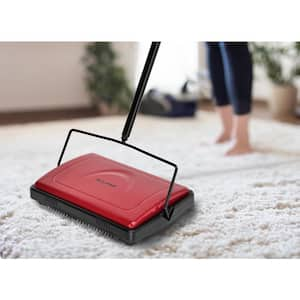 Commercial 11 in. Cordless Manual Triple Brush Floor and Carpet Sweeper in Red