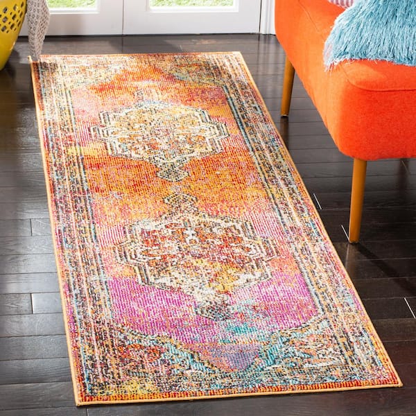 Crystal 2 ft. x 13 ft. Orange/Light Blue Medallion Floral Runner Rug