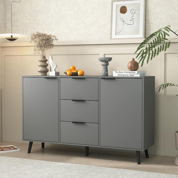 Nestfair Gray Wood 47.2 in. Sideboard Buffet Cabinet with 3 Drawers and 2 Doors