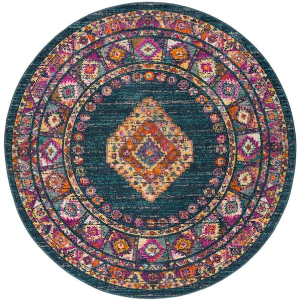 SAFAVIEH Madison Blue/Fuchsia 5 ft. x 5 ft. Round Border Area Rug