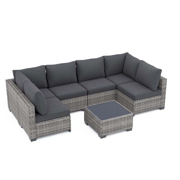 Zeus & Ruta 7 Pieces Gray Wicker Patio Conversation Set Sofa set with Gray Cushions, 1 Coffee Table