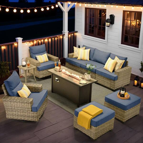 Torino Gray 9-Piece Wicker Outdoor Patio Conversation Deep Sofa Seating Set with Metal Fire Pit and Denim Blue Cushions