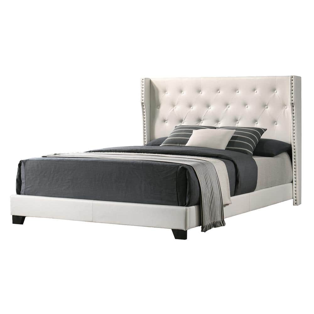 Chic Full-Size White Faux Leather Panel Bed with Tufted Headboard & Nailhead Trim