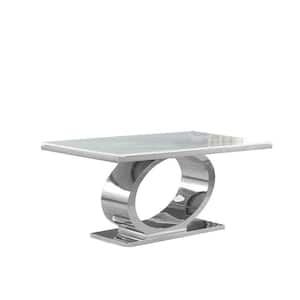Ibraim White Marble/Silver 39 in. in Pedestal Polished Stainless Steel Dining Table Seating 6 Capacity