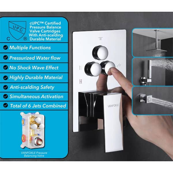Single Handle 3-Spray Shower Faucet 1.8 GPM 10 in. Square Wall Mounted with Pressure Balance in. Chrome with 6-Jet