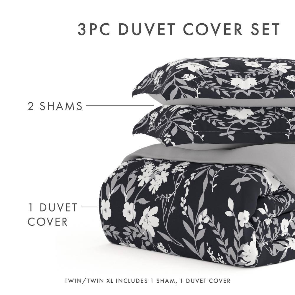 Black and White Floral Print King Microfiber Duvet Cover Set