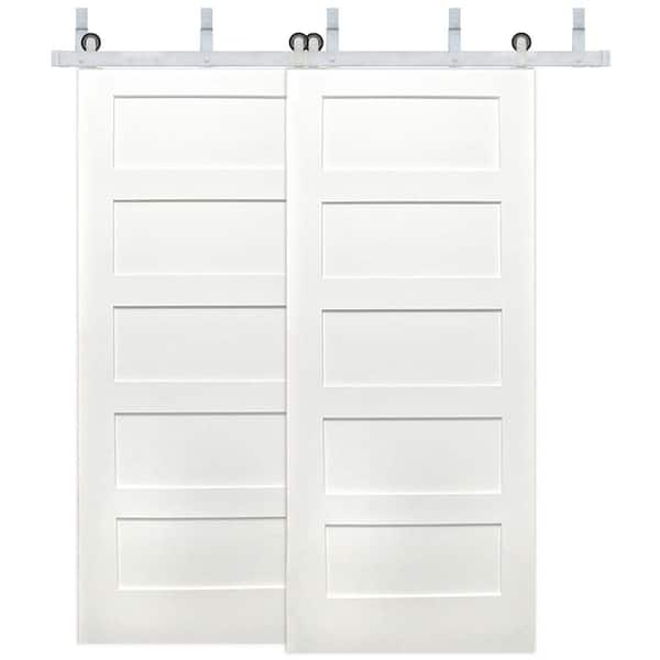 Pacific Entries 72 in. x 80 in. Bypass 5-Panel Solid Core Primed Pine Wood Sliding Barn Door with Satin Nickel Hardware Kit